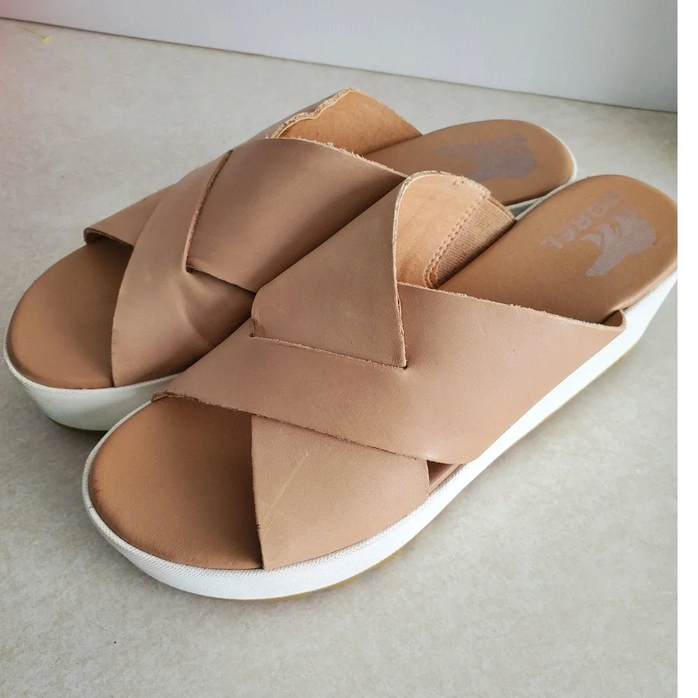 Sorel Cameron Flatform Sandal Tan Leather Cross Strap Platform Comfort Shoes